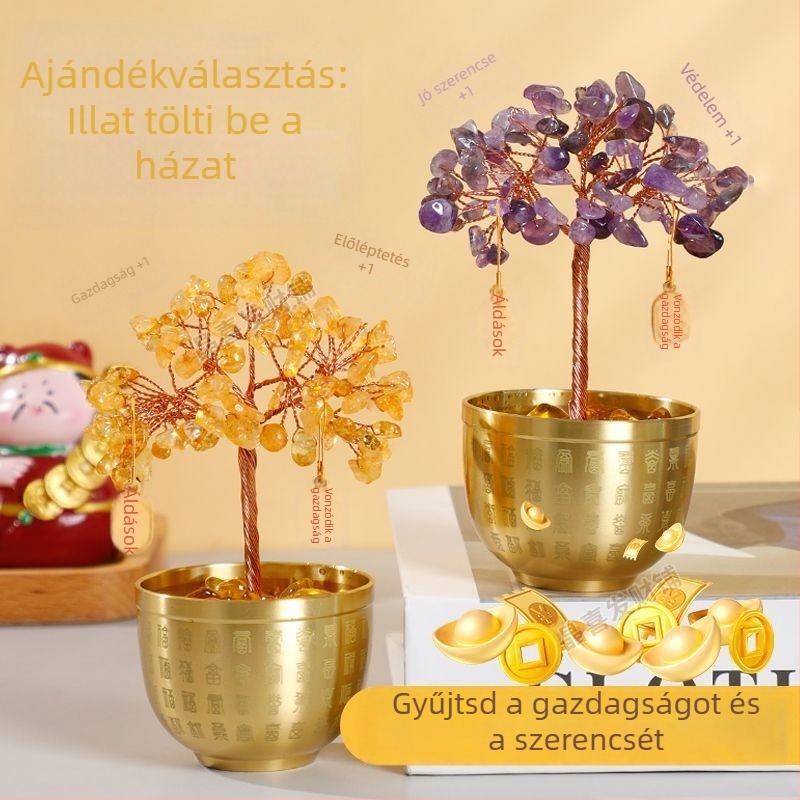Természetes kristály szerencsefa sárga citrin kaviccsal a kincses tálban – otthoni dekoráció, lakásavató ajándék