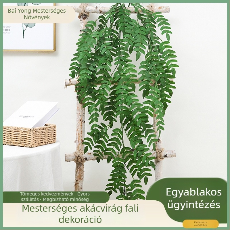 Rattanból készült függő növényfal dekoráció mesterséges virágokkal és zöld növényekkel