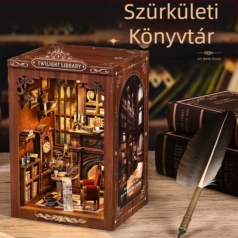 Fából készült DIY könyvespolc és könyvtartó készlet – 3D kunyhó modell összeállítható játék