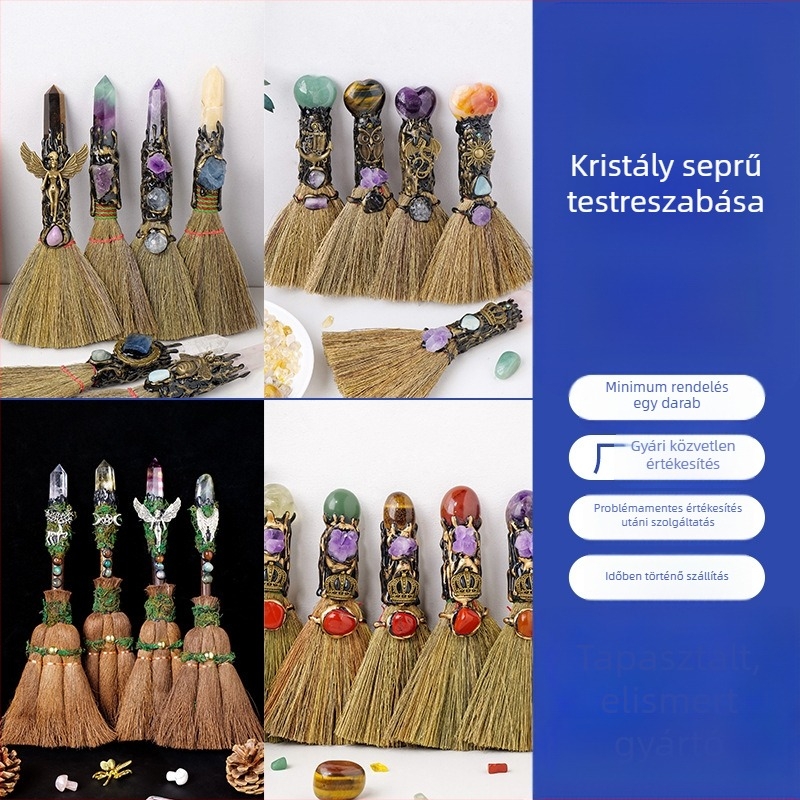 Természetes kristályból készült varázseprű – dekoráció geometriai formával Halloweenre