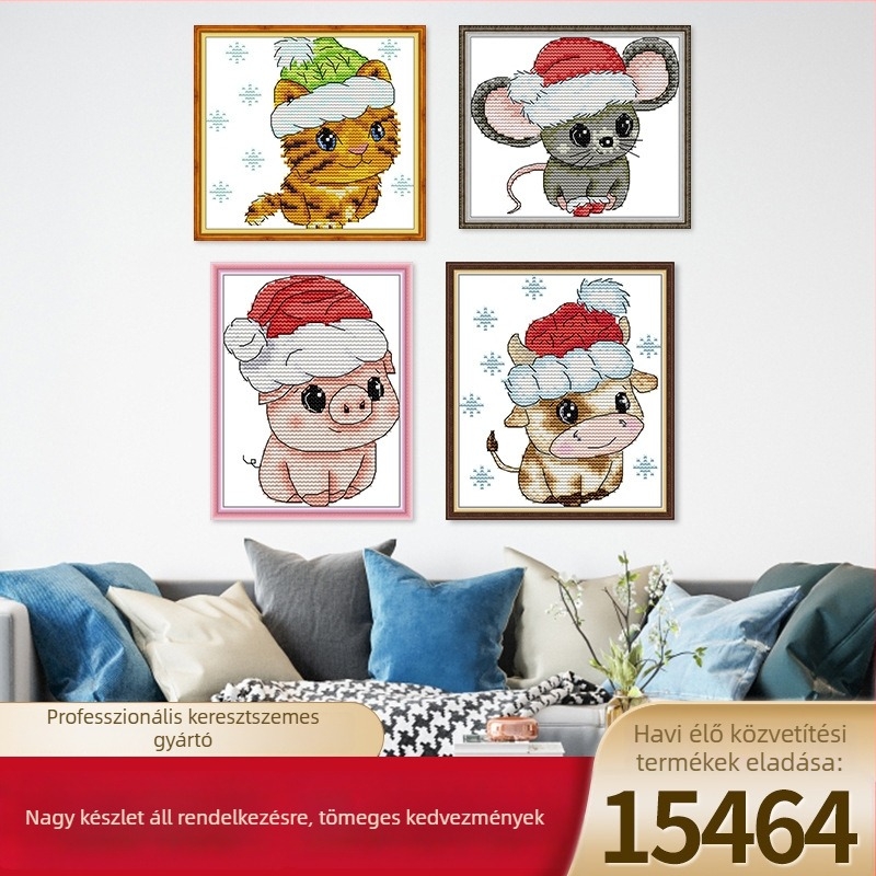 Állatmotívumos keresztszemes készlet: Tigris, Egér, Tehén, Disznó — DIY hímzőanyagok pamut 11CT vászonhoz
