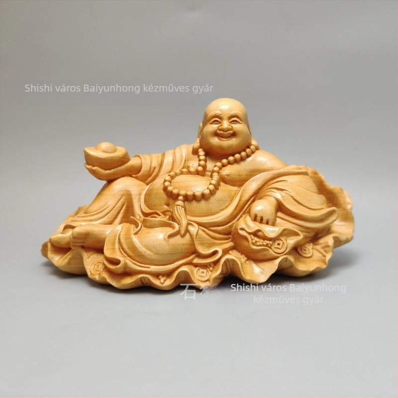 Tujafa faragott Nevető Buddha szobor, otthoni dekoráció aranysárga talizmánnal