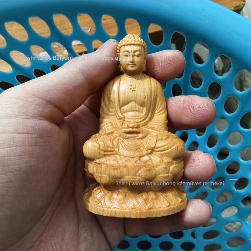 Tujafa faragott Nevető Buddha szobor, otthoni dekoráció aranysárga talizmánnal