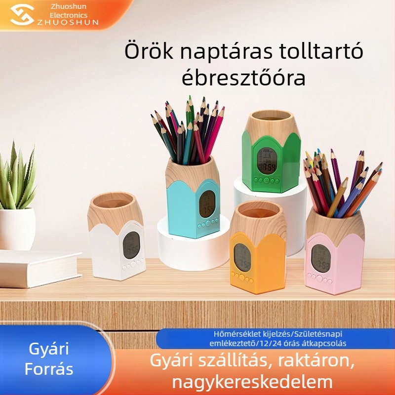 Asztali szervező tolltartóval, örök naptárral és háttérvilágítással rendelkező ébresztőórával