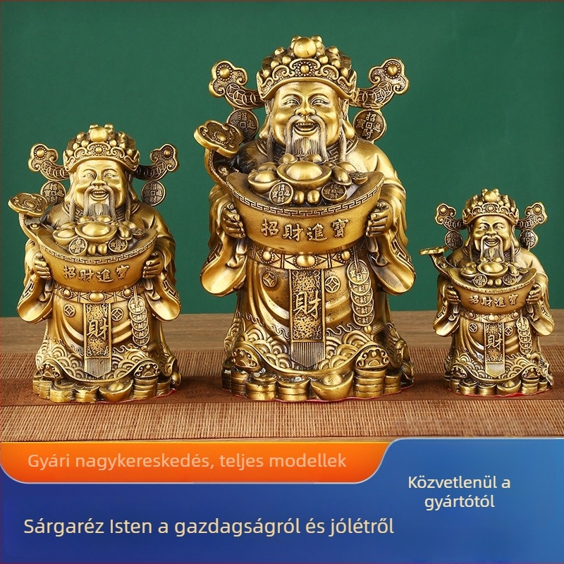 Sárgaréz Vagyon Istene szobra, álló lingó formájú, otthoni oltárhoz