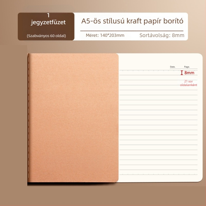 A4-es kraftpapír notesz diákoknak, olvasási napló és jegyzet, puha fedél, 60 oldal, vonalas