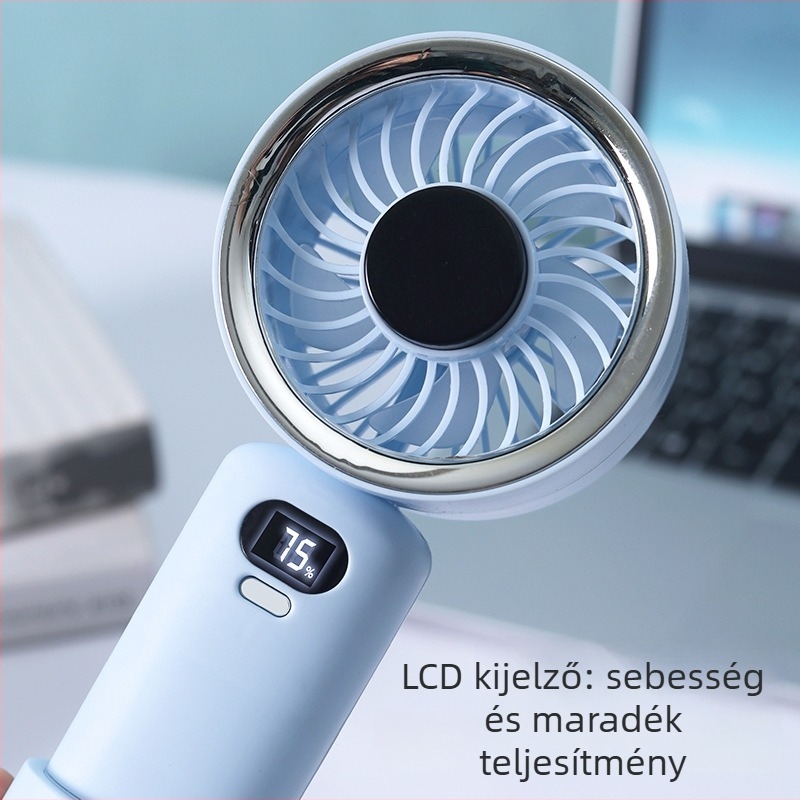 Kompakt kültéri kézi ventilátor digitális kijelzővel, asztali tartóval, logóval