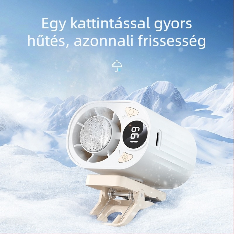 X30 hűtőklipszes ventilátor kültéri használatra, USB töltés, kompakt, jég-hűtés lehetőség, 5 sebesség, brushless motor
