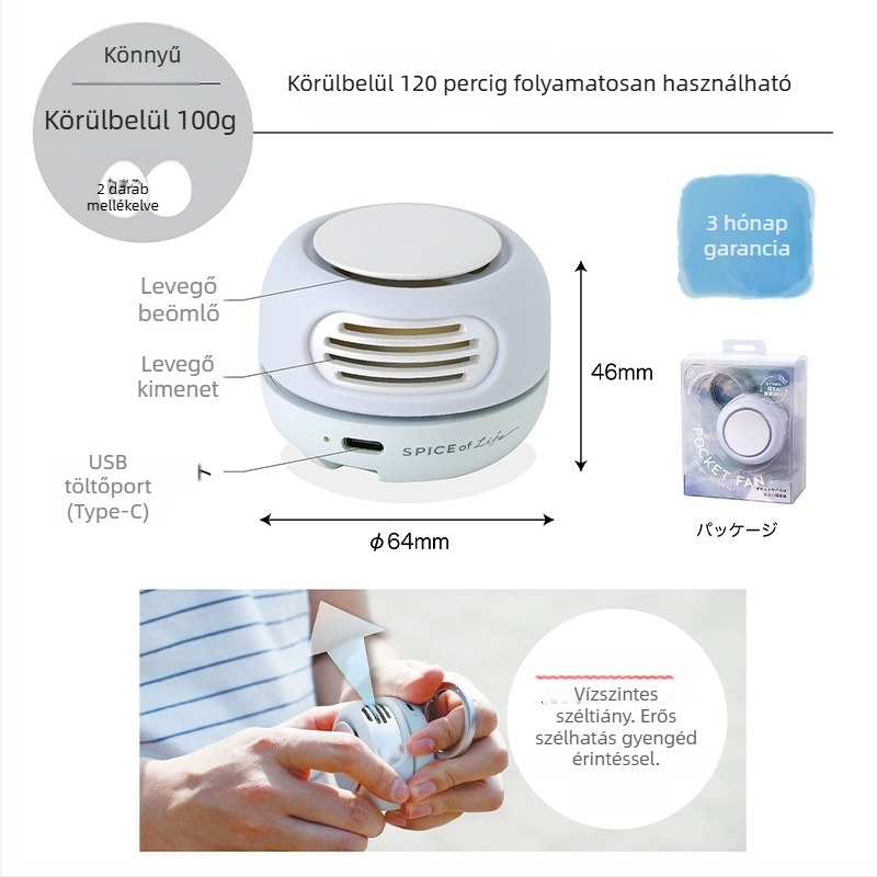 WFAN zsebméretű, lapát nélküli hordozható mini ventilátor USB töltéssel, kültéri használatra