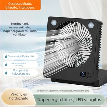 Napelemes USB hordozható mini ventilátor beépített fénnyel - 5 lapát, összecsukható asztali ventilátor, 4000–6000mAh akkumulátor, USB töltés, 3 sebesség, kempinghez