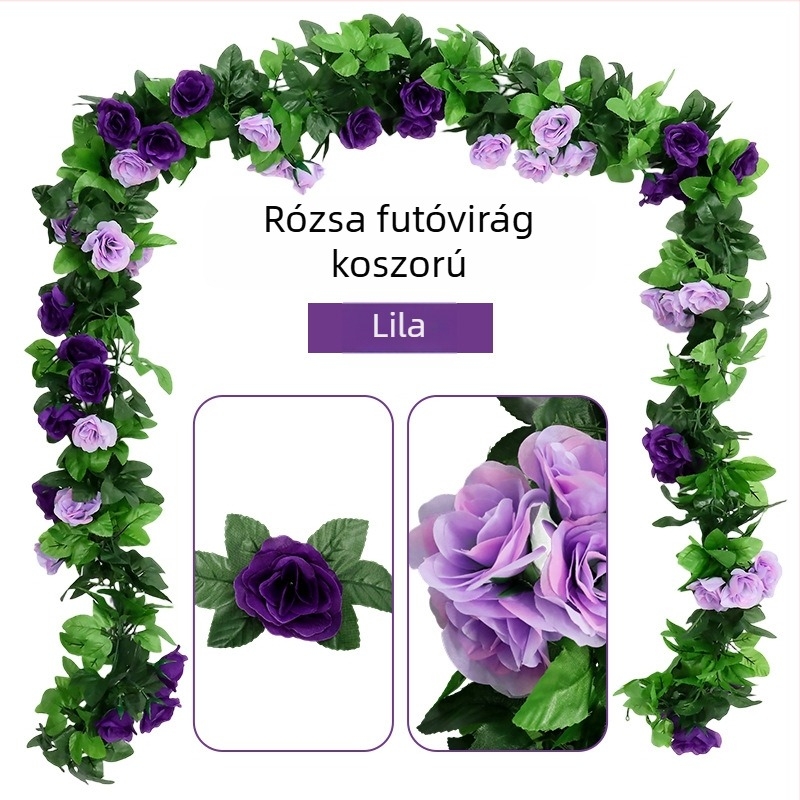 Rózsa indás művirágos girland falra akasztható, a klímaberendezés csöveinek takarására, nappali mennyezeti dekoratív növény