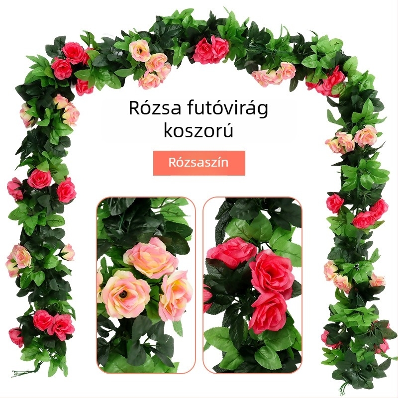 Rózsa indás művirágos girland falra akasztható, a klímaberendezés csöveinek takarására, nappali mennyezeti dekoratív növény