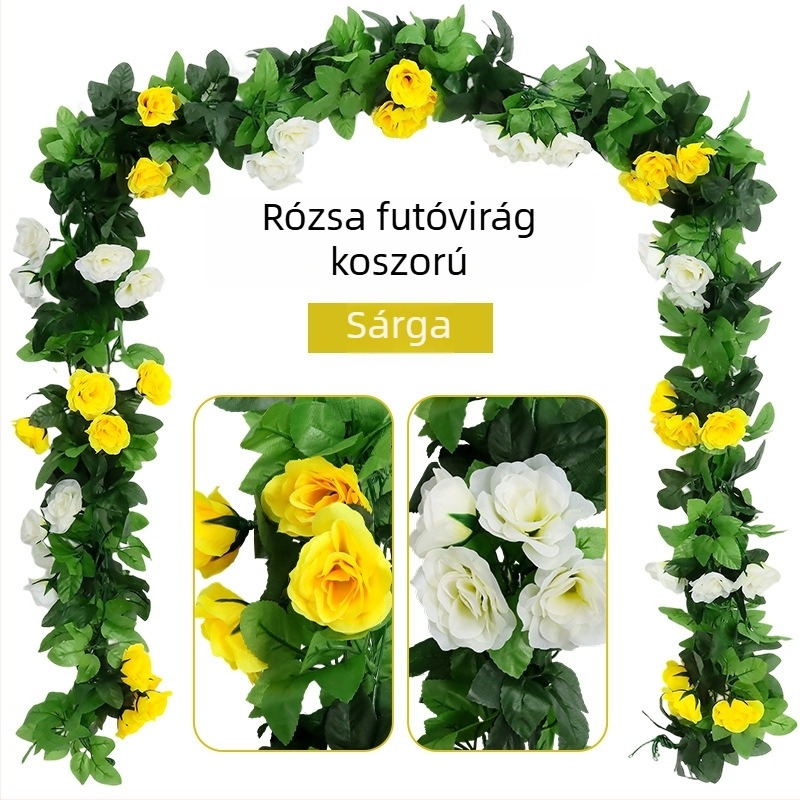 Rózsa indás művirágos girland falra akasztható, a klímaberendezés csöveinek takarására, nappali mennyezeti dekoratív növény