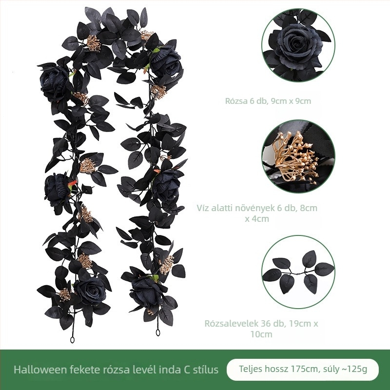 Műanyag fekete rózsalevél dekoráció Halloween otthonra