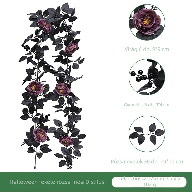 Műanyag fekete rózsalevél dekoráció Halloween otthonra