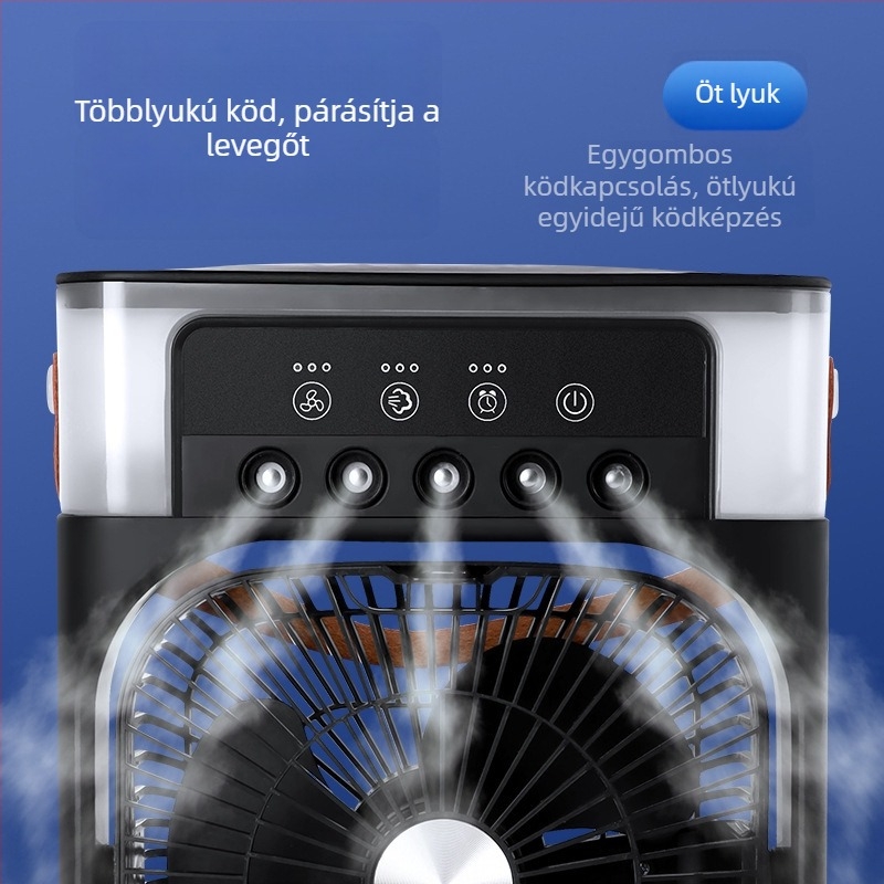 Nagy asztali ventilátor ötlyukas párásító permetező funkcióval és színes világítással, modell UAB