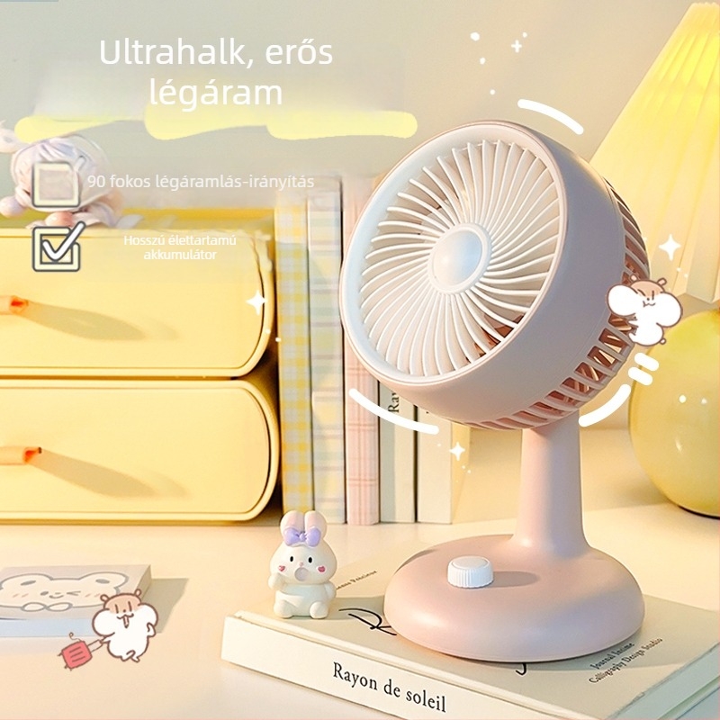 Logogravírozott asztali ventilátor, USB töltés, csendes működés, 5 lapát, beépített akkumulátor, 6 sebesség, iroda és kollégiumi szoba számára