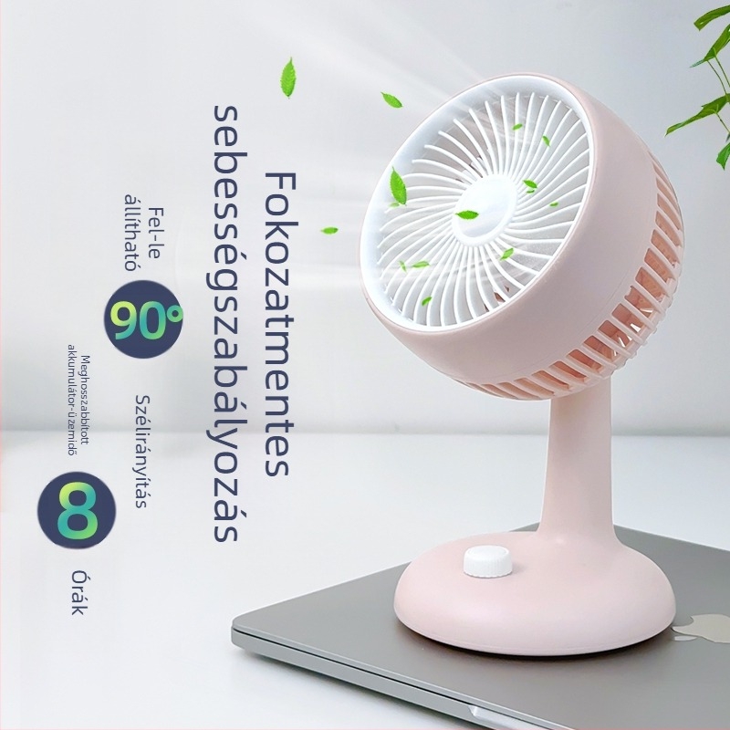 Logogravírozott asztali ventilátor, USB töltés, csendes működés, 5 lapát, beépített akkumulátor, 6 sebesség, iroda és kollégiumi szoba számára