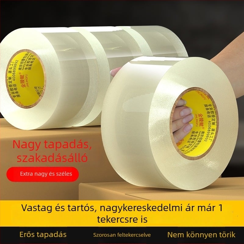 Átlátszó csomagoló szalag, nagy tapadással, széles, nagy tekercs erős tömítéshez