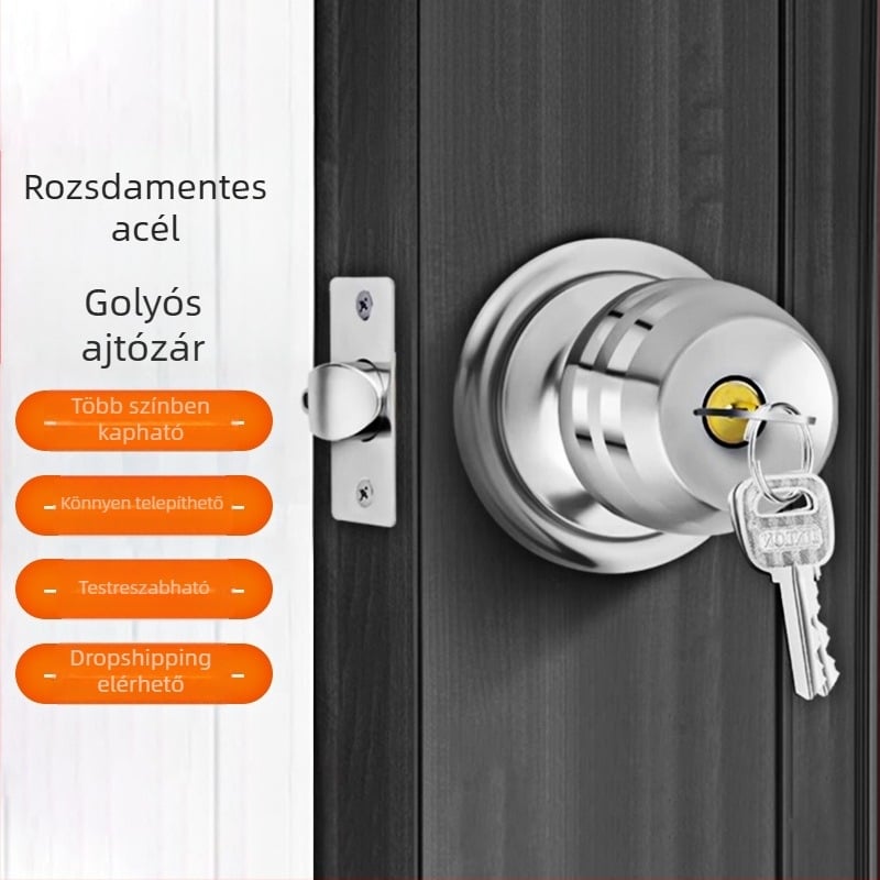 Nemes acél golyózár belső ajtókhoz, univerzális faajtókhoz, kör alakú zármag, fürdőszobai zár