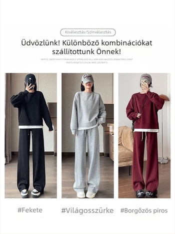 Női két darabos készlet: piros kerek nyakú kapucni nélküli pulóver és széles lábú nadrág, tavasz-ősz 2025, sportos casual megjelenés