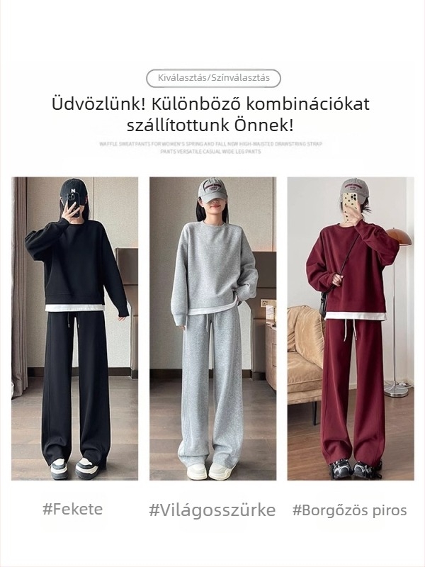 Női két darabos készlet: piros kerek nyakú kapucni nélküli pulóver és széles lábú nadrág, tavasz-ősz 2025, sportos casual megjelenés