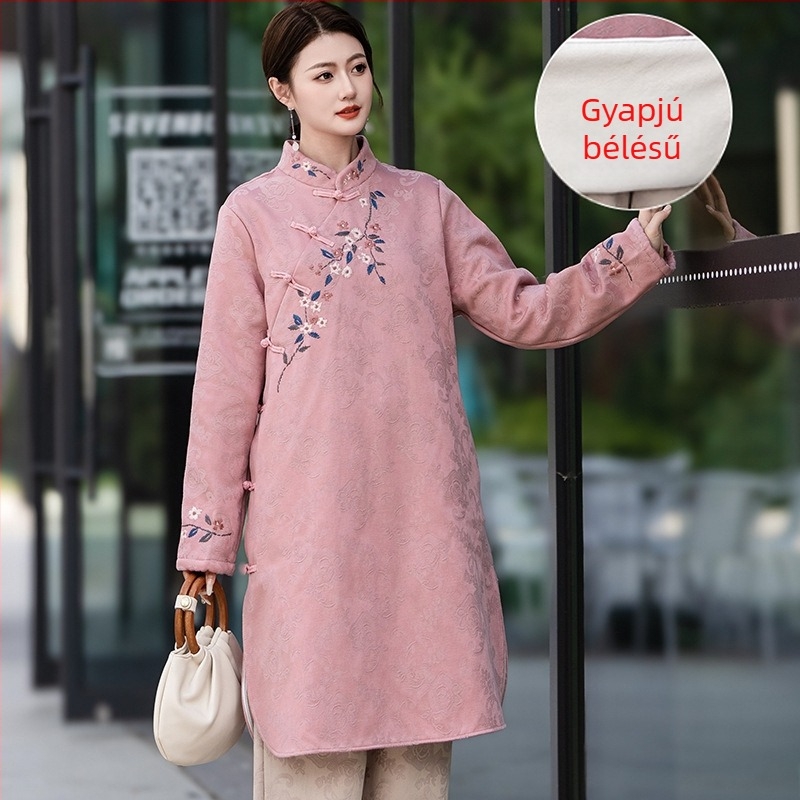 2024 téli pamut-len jacquard ruha kínai nemzeti stílusban, középméretű, fleece-béléssel, hímzett