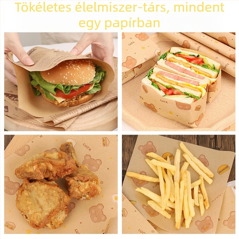Szendvicscsomagoló papír készlet: olajfelszívó papír, hamburger papír, Kraft papír, sütőpapír, élelmiszer-biztonsági külső csomagolás