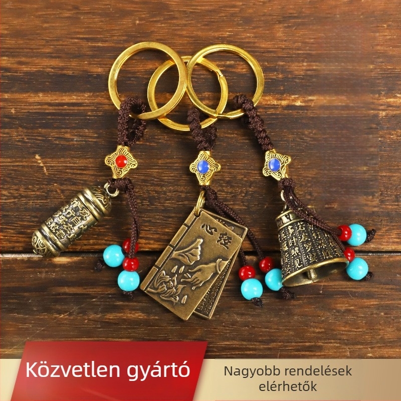 Réz kulcstartó medál: réz tök, Öt Császár érmei, Bagua tükör, abakusz, ima kerék és Szív Sutra medál