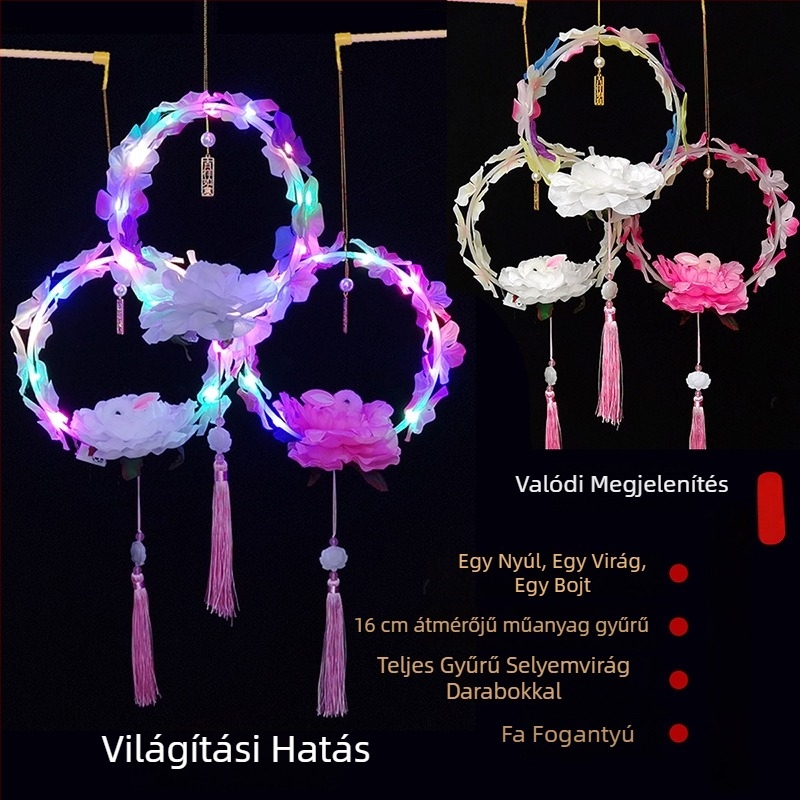 Világító vintage tollas lámpás, kör alakú, fából készült fogantyúval – kínai stílusú éjszakai piacokra