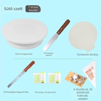 DIY tortadíszítő készlet forgó tortatálcával, spatulával, kenyérkével, díszítő csúcsokkal, díszítő tasakokkal és gyúrótáblával
