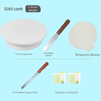 DIY tortadíszítő készlet forgó tortatálcával, spatulával, kenyérkével, díszítő csúcsokkal, díszítő tasakokkal és gyúrótáblával
