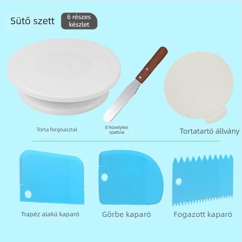 DIY tortadíszítő készlet forgó tortatálcával, spatulával, kenyérkével, díszítő csúcsokkal, díszítő tasakokkal és gyúrótáblával