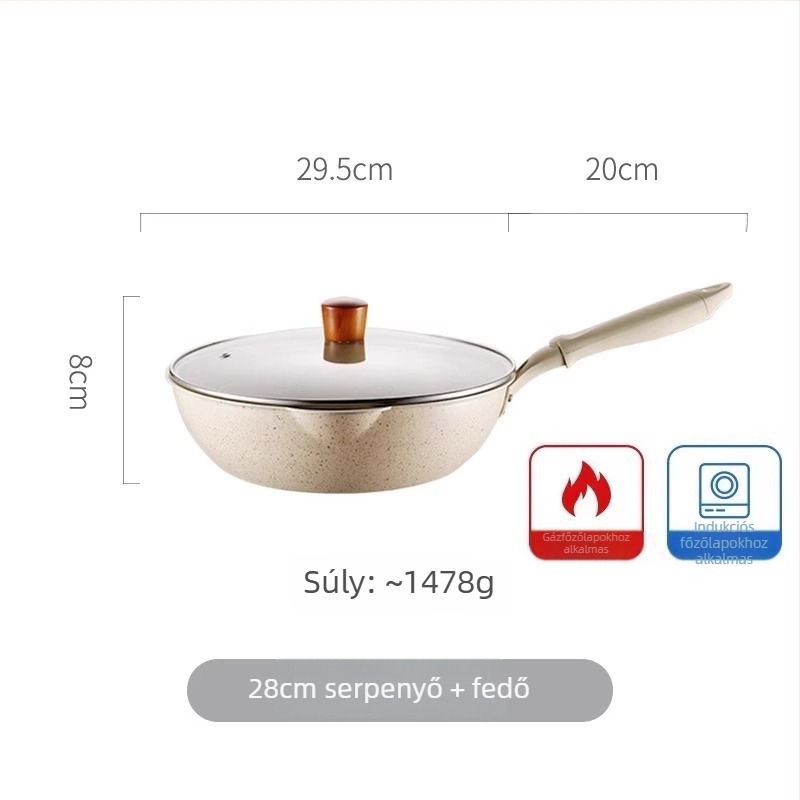 Tapadásmentes wok Maifan kővel, kis méretű, sík aljú, sütéshez és pirításhoz, alkalmas gáztűzhelyre és indukciós főzőfelületre