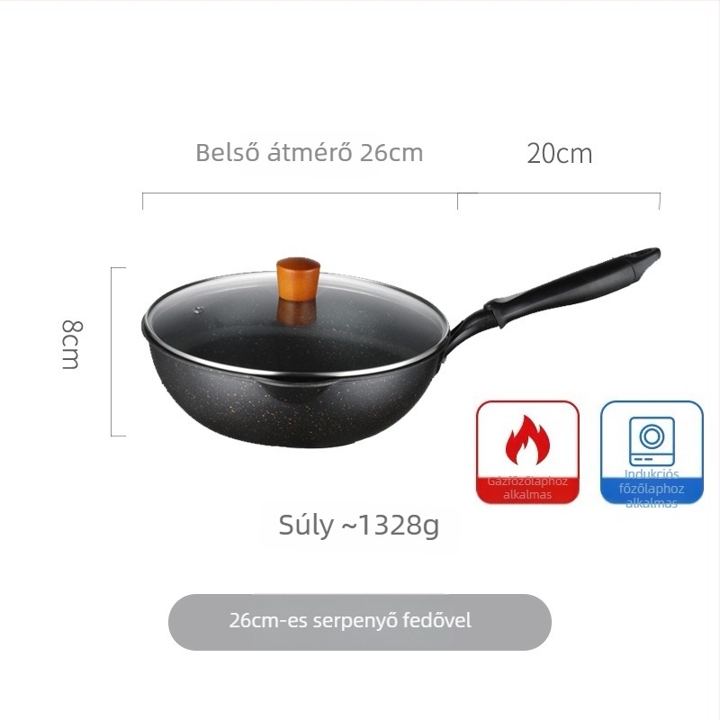 Tapadásmentes wok Maifan kővel, kis méretű, sík aljú, sütéshez és pirításhoz, alkalmas gáztűzhelyre és indukciós főzőfelületre