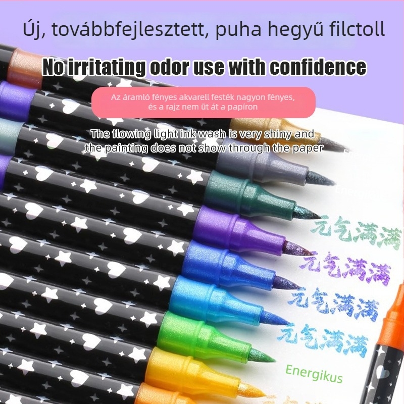 Kétoldalas csillámló marker puha hegyeivel, akvarellekhez, általános iskolásoknak, csillámló porral, kiemelő toll