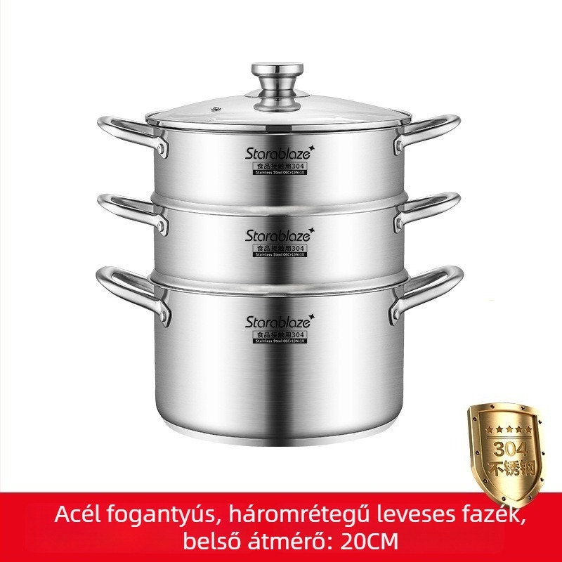 304 rozsdamentes acél leveses fazék egyenes falú, nagy kapacitású, kiemelt oldalakkal a kiöntés megelőzéséhez, dupla aljzattal, otthoni és kereskedelmi használatra