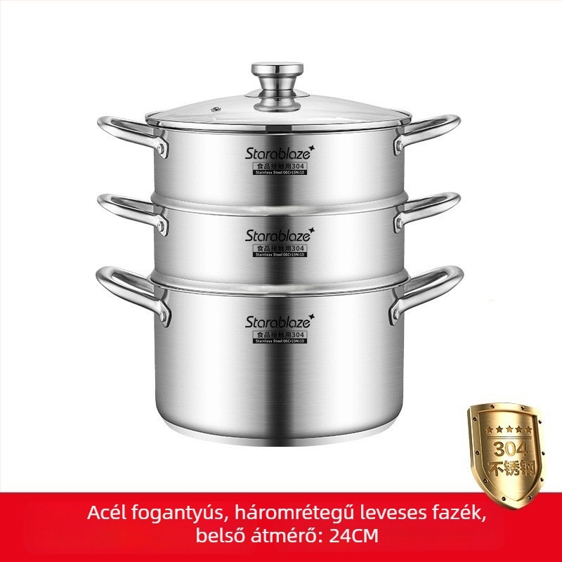 304 rozsdamentes acél leveses fazék egyenes falú, nagy kapacitású, kiemelt oldalakkal a kiöntés megelőzéséhez, dupla aljzattal, otthoni és kereskedelmi használatra