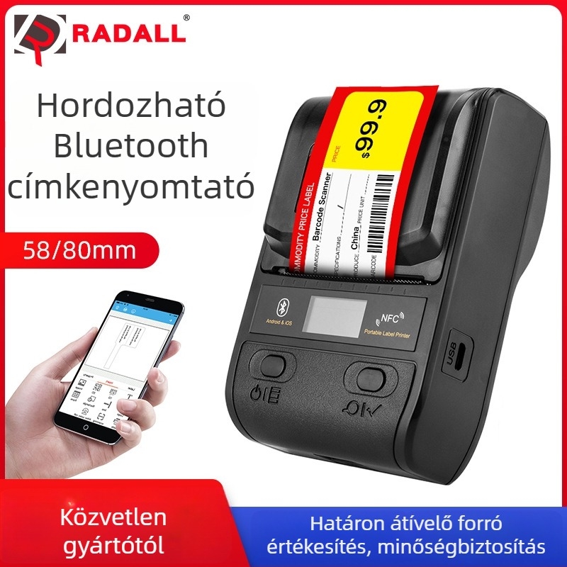 Hordozható Bluetooth címkenyomtató, 58 mm-es termikus nyomtató, kompakt 80 mm-es vonalkódnyomtató