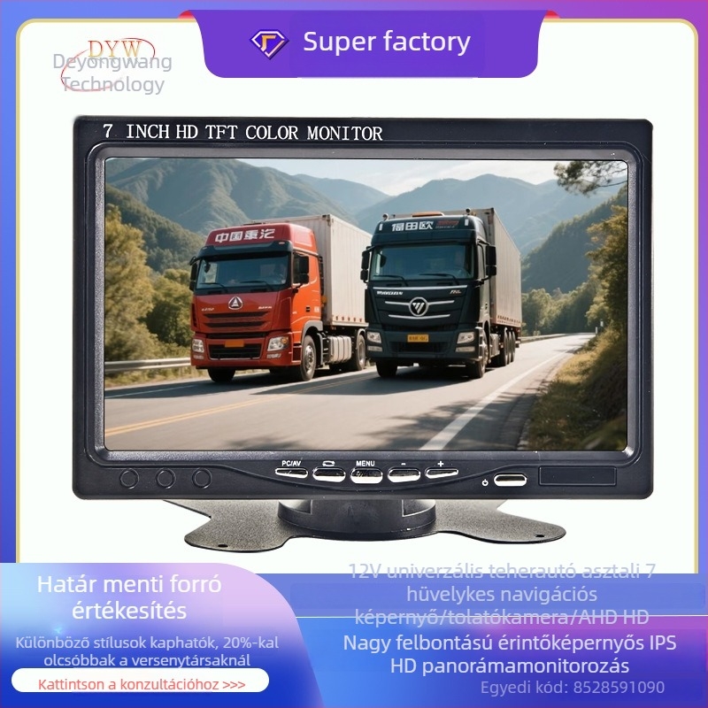 Általános 12V-os LCD járműmonitor hátrameneti képpel, VGA, 7 hüvelykes kijelző nagy járművekhez