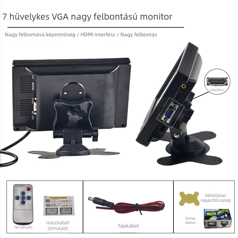 Általános 12V-os LCD járműmonitor hátrameneti képpel, VGA, 7 hüvelykes kijelző nagy járművekhez