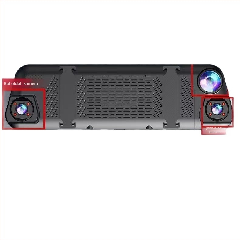 Négy lencsés autós dashcam teljes képernyős streaminggel: előre, balra, jobbra és hátsó nézet, Wi-Fi érintőképernyő, tolatási kép, éjjellátás, 1080p, 9,66 hüvelykes kijelző