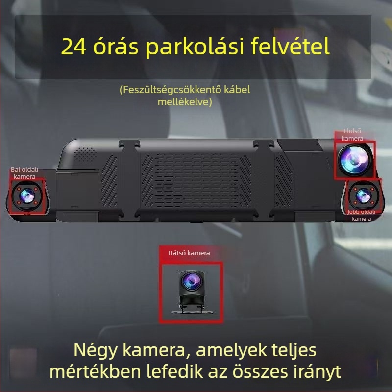 Négy lencsés autós dashcam teljes képernyős streaminggel: előre, balra, jobbra és hátsó nézet, Wi-Fi érintőképernyő, tolatási kép, éjjellátás, 1080p, 9,66 hüvelykes kijelző