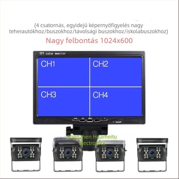 7 hüvelykes LCD kijelző négy részre osztva, 4 csatornás videóhoz, tolató kép és biztonsági monitor buszokhoz, teherautókhoz és aratógépekre
