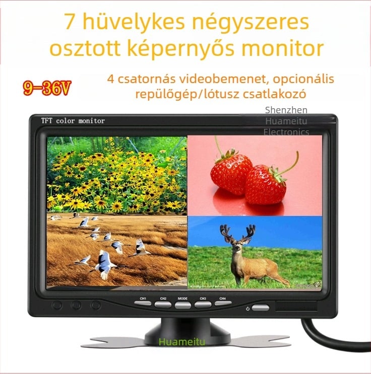 7 hüvelykes LCD kijelző négy részre osztva, 4 csatornás videóhoz, tolató kép és biztonsági monitor buszokhoz, teherautókhoz és aratógépekre