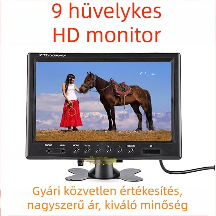 9 hüvelykes autó LCD kijelző, 800x480 felbontás, két AV bemenet, tolató monitor