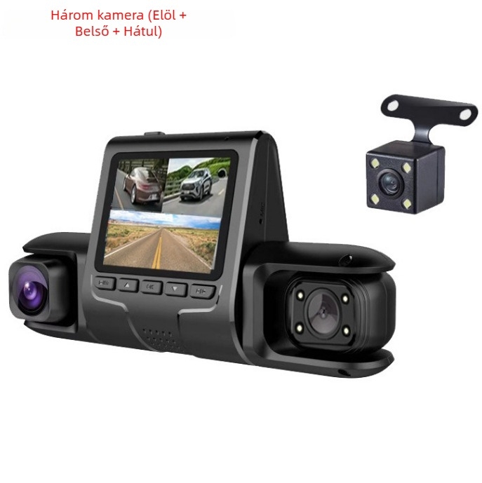 Új háromkamerás autós dashcam elő-, belső- és hátsó kamerával – 1080p felvétel
