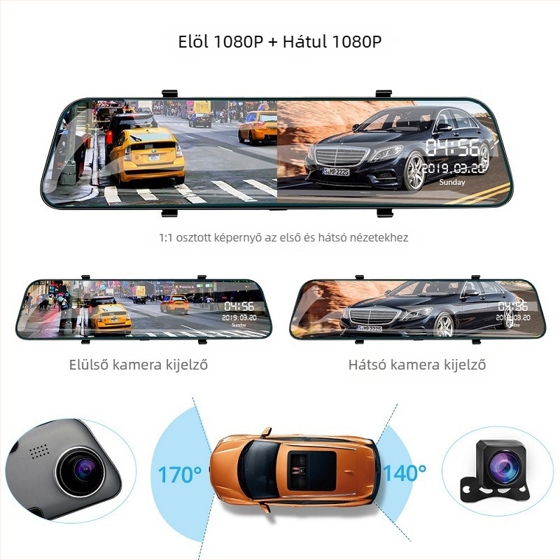 12 hüvelykes autó dash kamera elől és hátul duál lencsével, érintőképernyős, 1080p, 170° látószög, éjszakai felvétel, parkoló mód, Wi-Fi