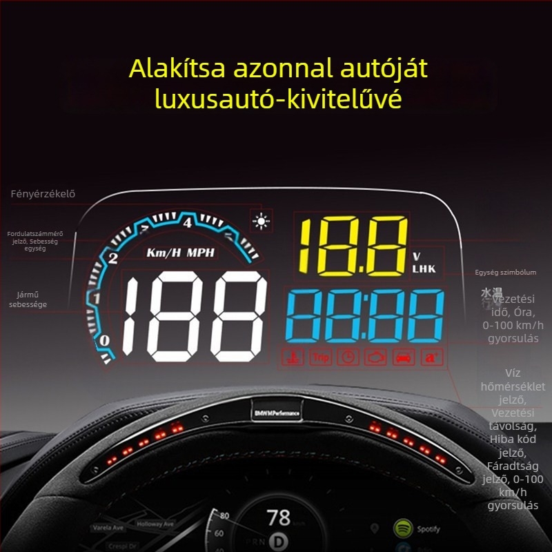 HUD fej feletti kijelző autóhoz, univerzális OBD kompatibilitás, sebességprojekció, HD LED autómonitor, modell C600s, képernyőméret 123x84 mm, felbontás 1440x900