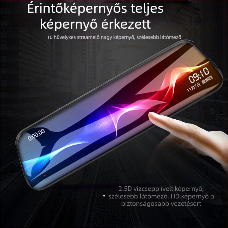 10 hüvelykes teljes képernyős autó tükrös dashcam, dupla felvétel, két lencse, érintőképernyő